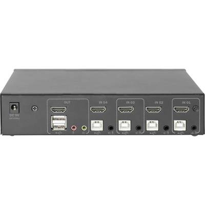 Appareil électronique noir avec quatre entrées HDMI, une sortie HDMI, deux ports USB ainsi que des connexions audio et réseau.