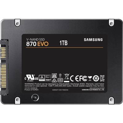 Un SSD noir portant l'inscription « V-NAND SSD 870 EVO 1To ». Il présente des marques de marque et des avertissements contre les décharges électrostatiques.