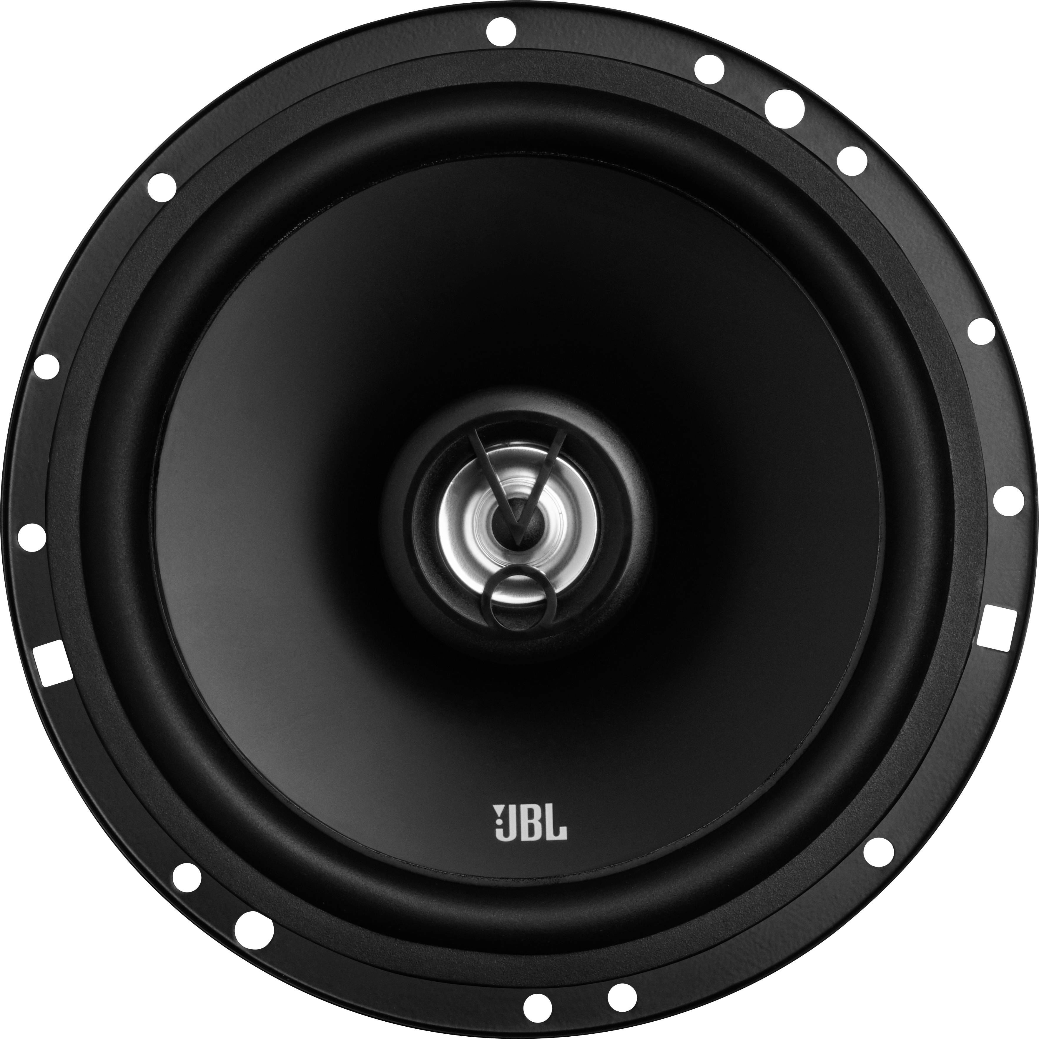 Enceinte ronde noire avec un haut-parleur médium argenté et la marque 'JBL' en bas de l'appareil.