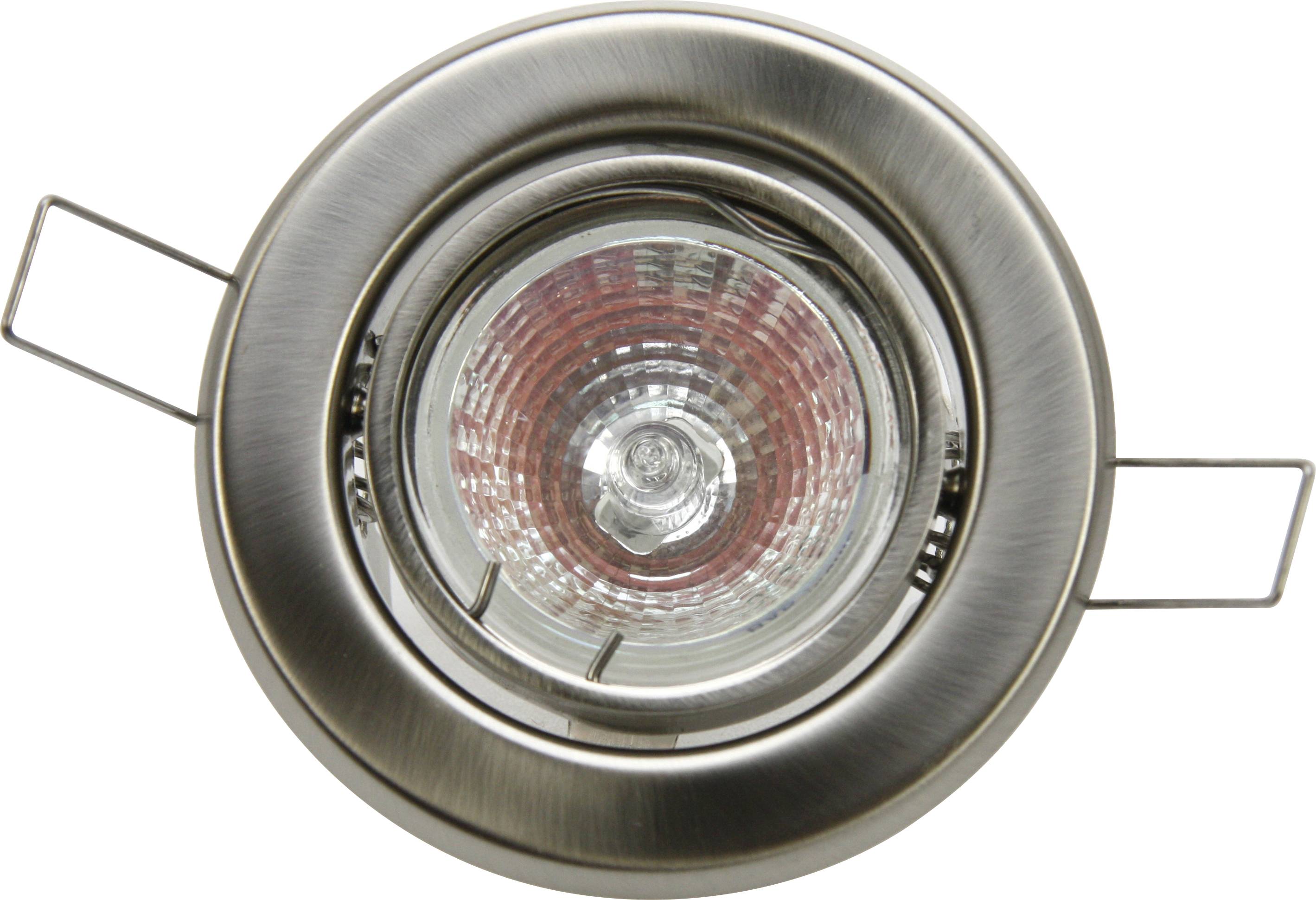 Spot encastrable rond en finition métallique présentant une ampoule centrale. Le luminaire est équipé de deux supports de fixation latéraux.