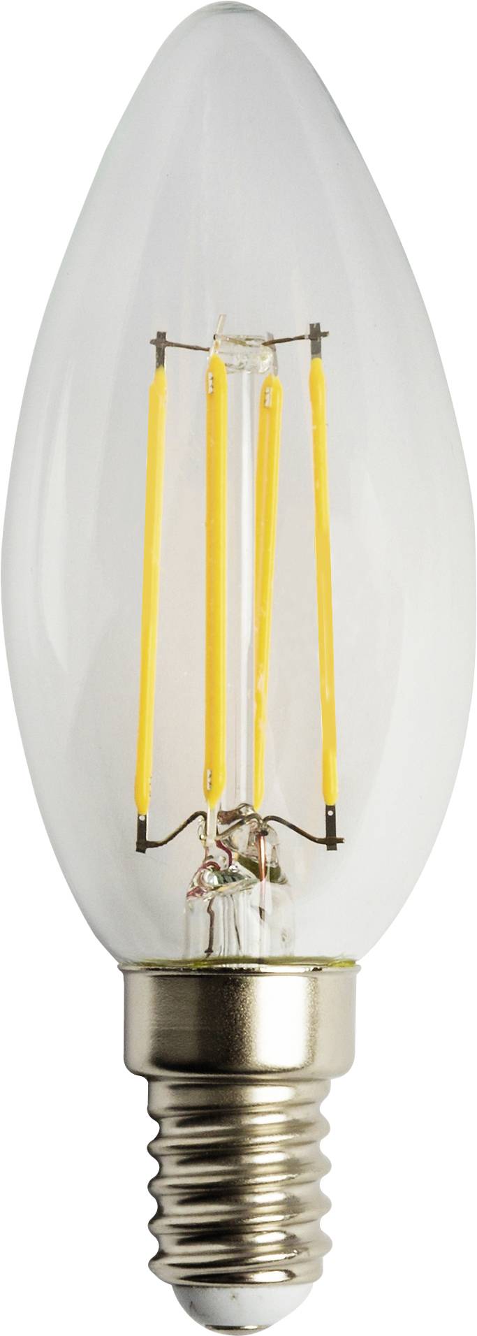 Une ampoule transparente en forme de bougie avec filament LED visible et culot à vis, symbolisant l'efficacité et le design moderne.