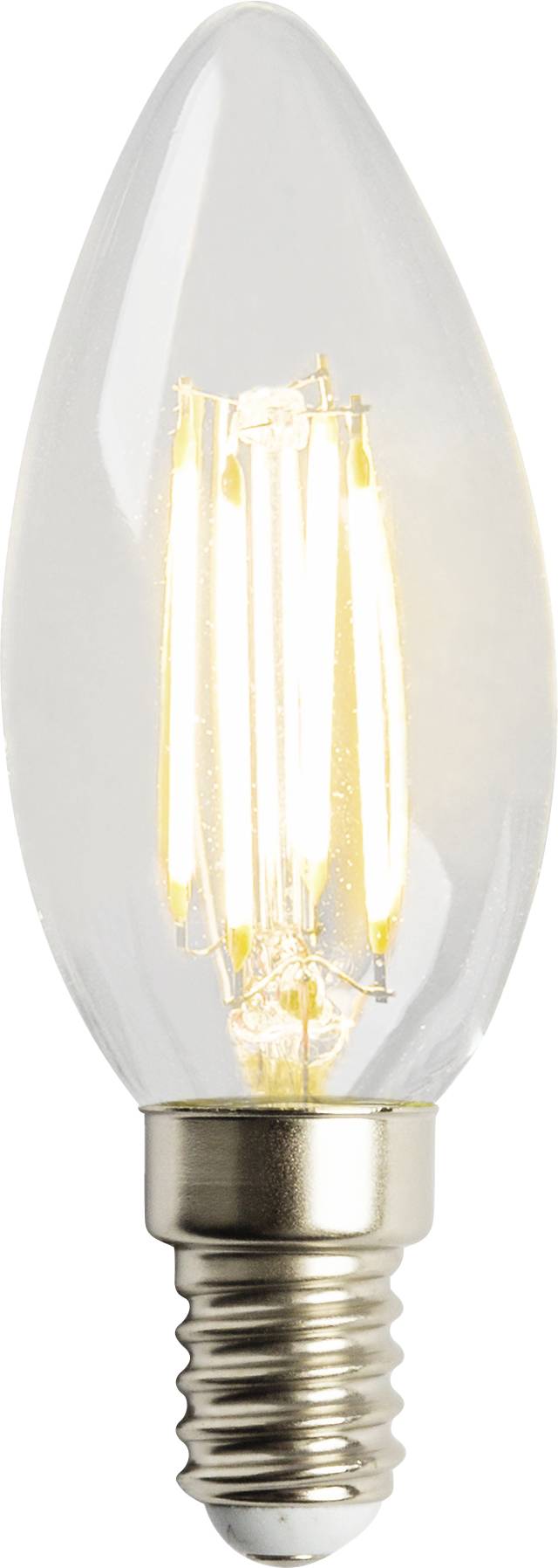 Une ampoule LED incandescente en forme de bougie avec des filaments visibles et un verre réfléchissant.