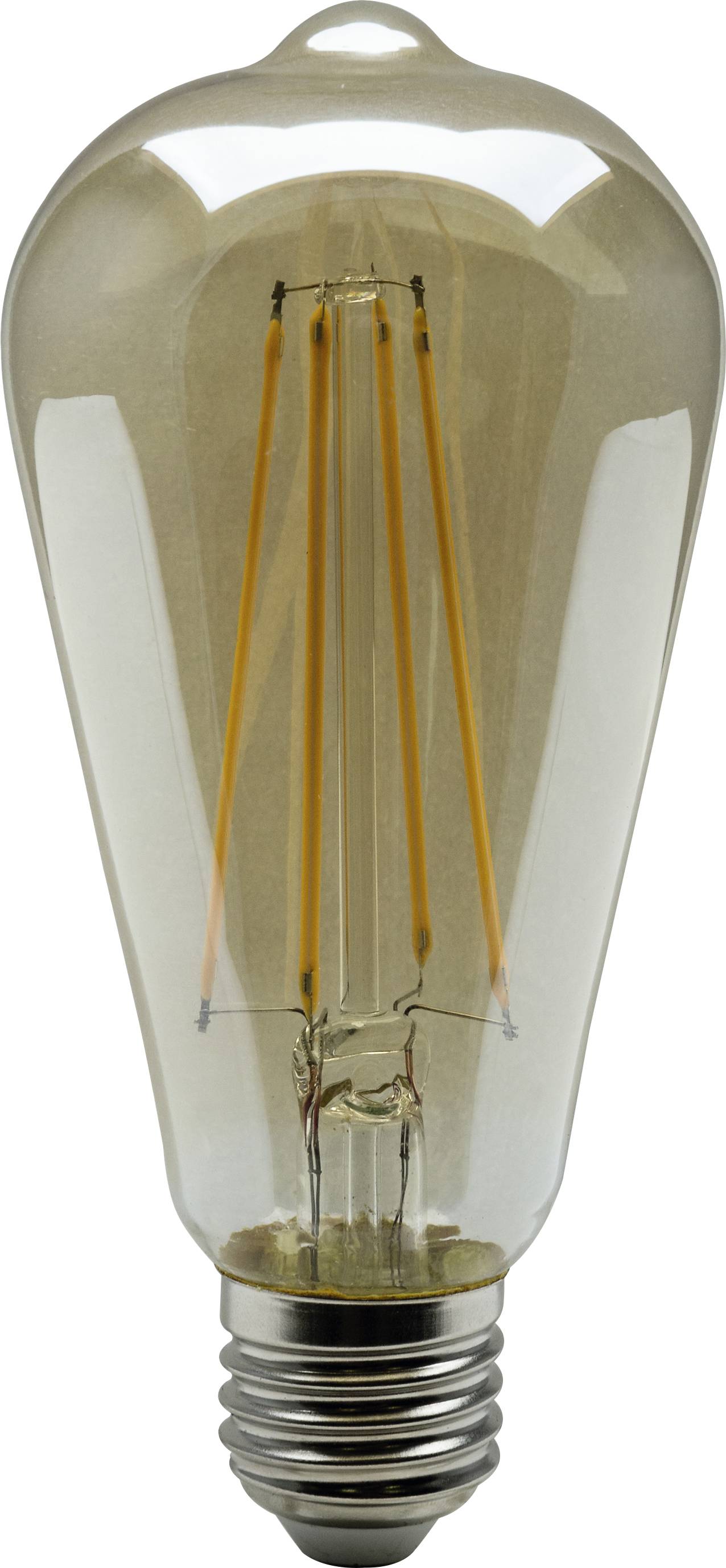 Une ampoule classique avec filament visible, qui brille avec élégance. Elle a une forme en goutte de verre avec une douille argentée.