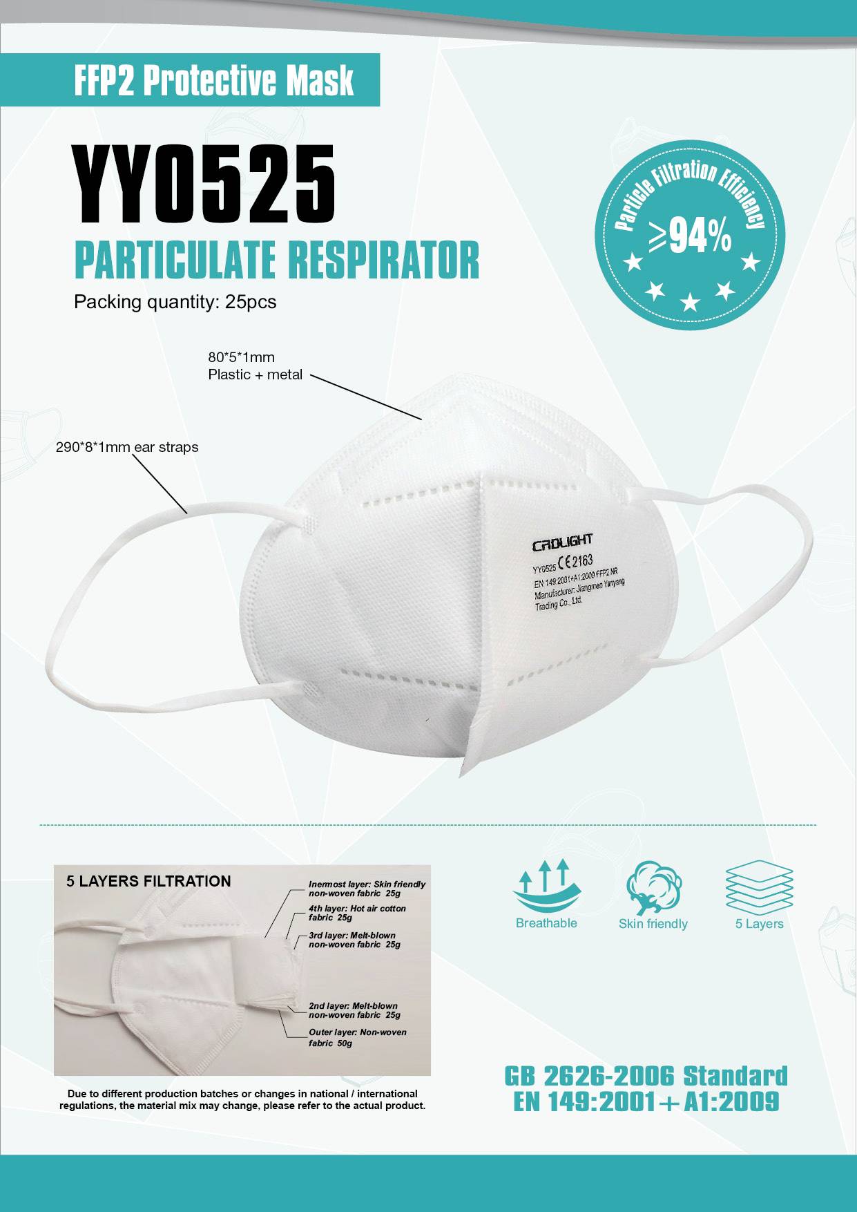Masque respiratoire FFP2 YY0525, filtration à 5 couches, efficacité de filtration de 99%, conditionnement : 25 pièces, conforme à la norme GB 2626-2006.