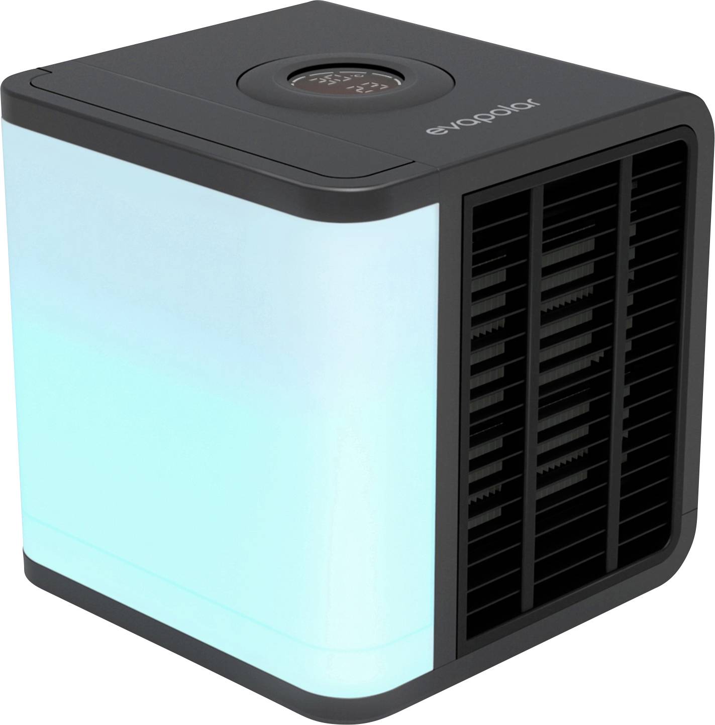 Refroidisseur d'air compact de forme cubique avec un boîtier lumineux bleu et une entrée d'air noir à l'avant.