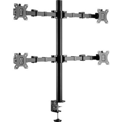 Support de moniteur pour quatre écrans avec bras articulés et tige réglable en hauteur, adapté pour un montage sur bureau.