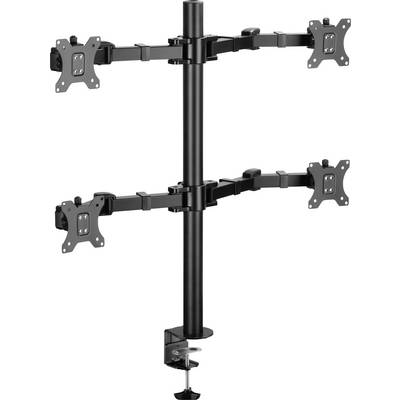 Support de moniteur quadruple avec des bras ajustables fixés à un poteau central. Adapté aux postes de travail ergonomiques.