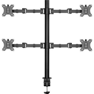 'Support de moniteur quadruple avec tige centrale pour fixation sur un bureau, adapté pour plusieurs écrans en disposition verticale.'