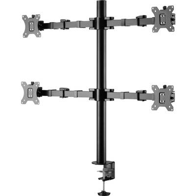 Un support de moniteur noir réglable en hauteur avec deux bras horizontaux sur deux niveaux, adapté pour quatre écrans.