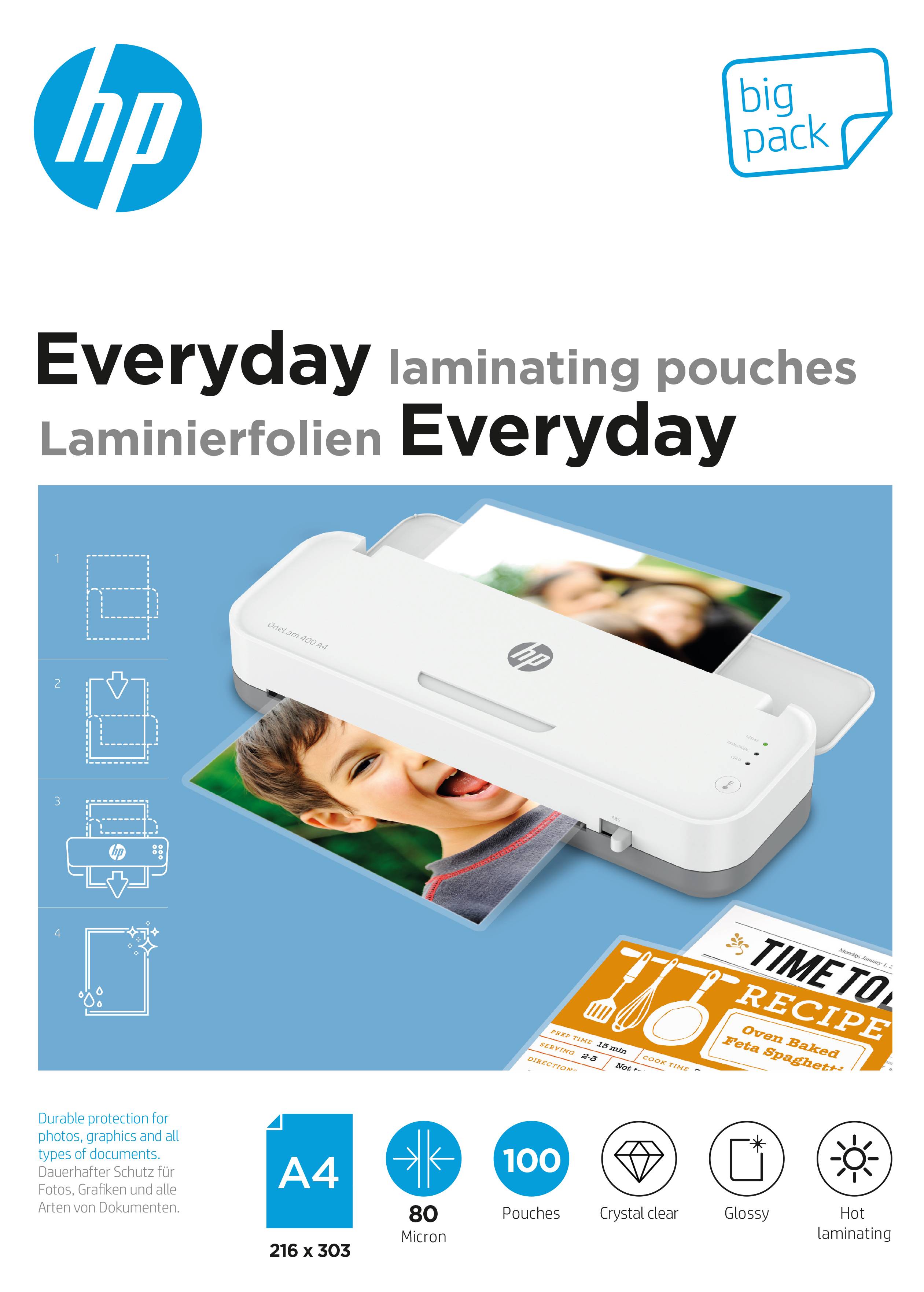 Un paquet de 100 pochettes de plastification A4, 80 microns, pour plastification à chaud, présente un plastificateur blanc et des photos plastifiées.