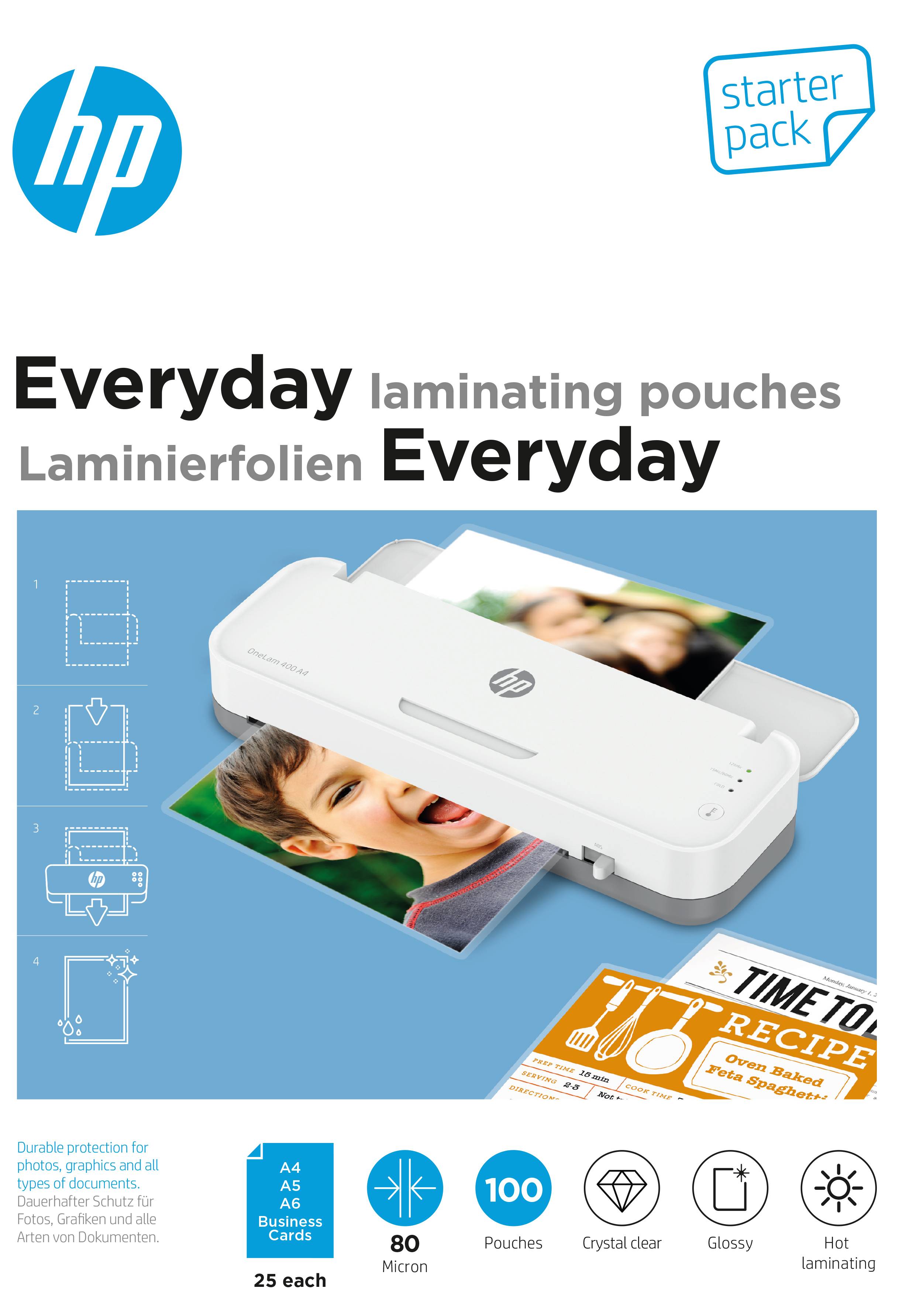 Kit de départ de films de plastification HP, montre un appareil de plastification avec des photos et une carte de recette plastifiées, contient 25 films, 80 microns.