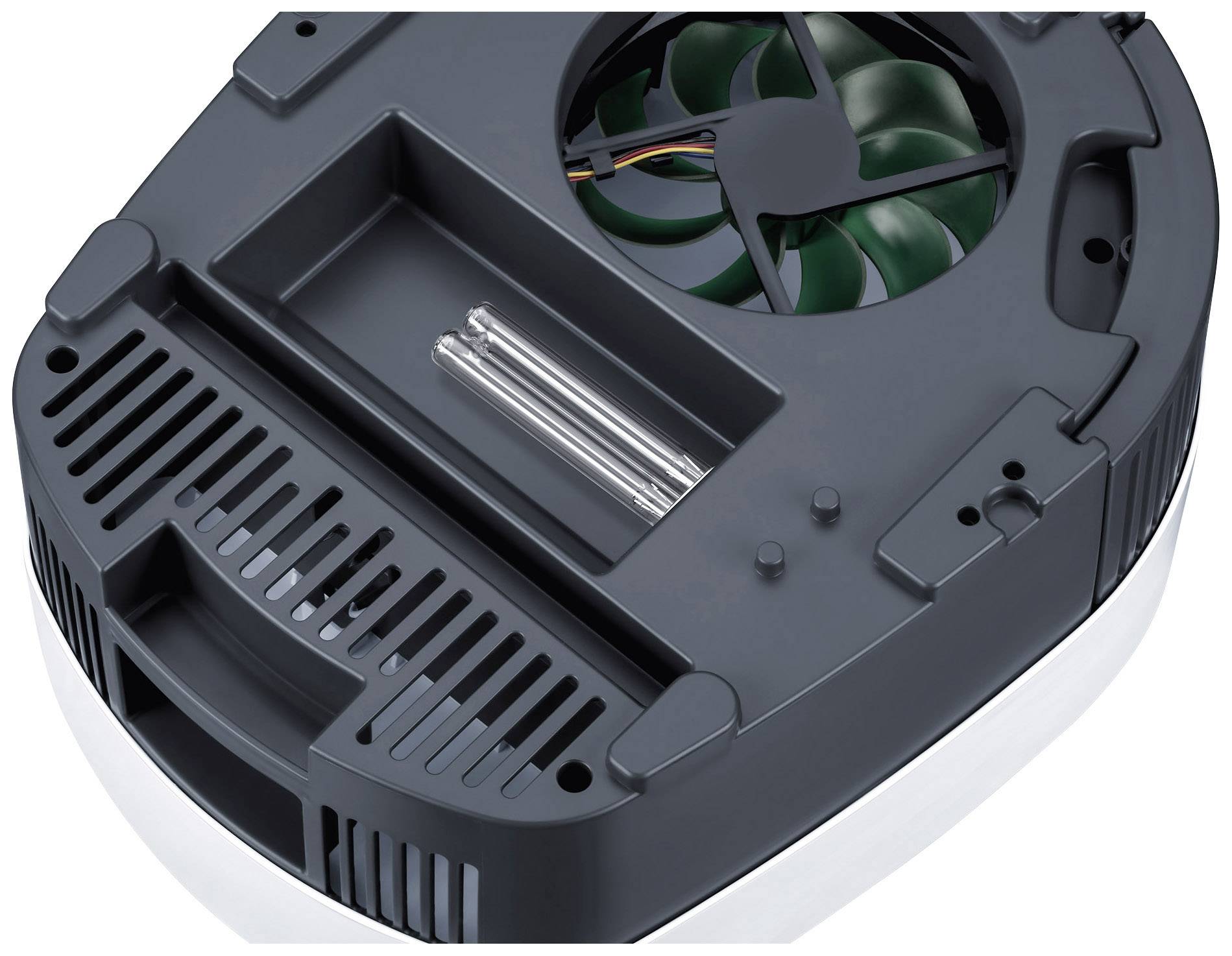 Purificateur d'air avec boîtier ouvert, montrant le ventilateur et deux tubes. Il présente les composants internes sans capot extérieur.