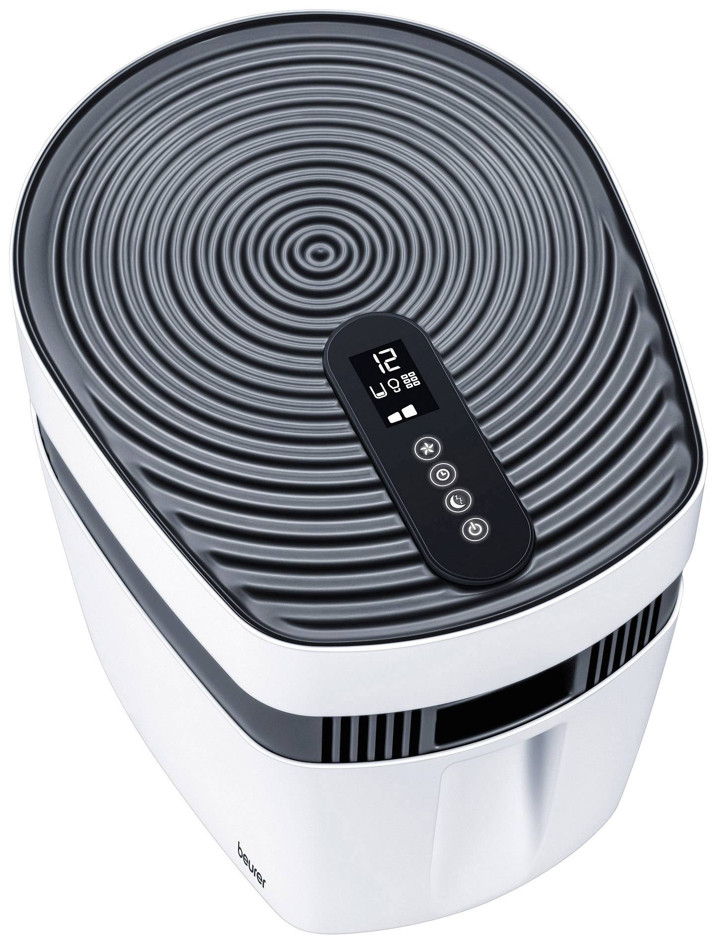 Humidificateur d'air avec écran numérique affichant l'humidité ambiante et les symboles de commande. Design blanc et moderne.