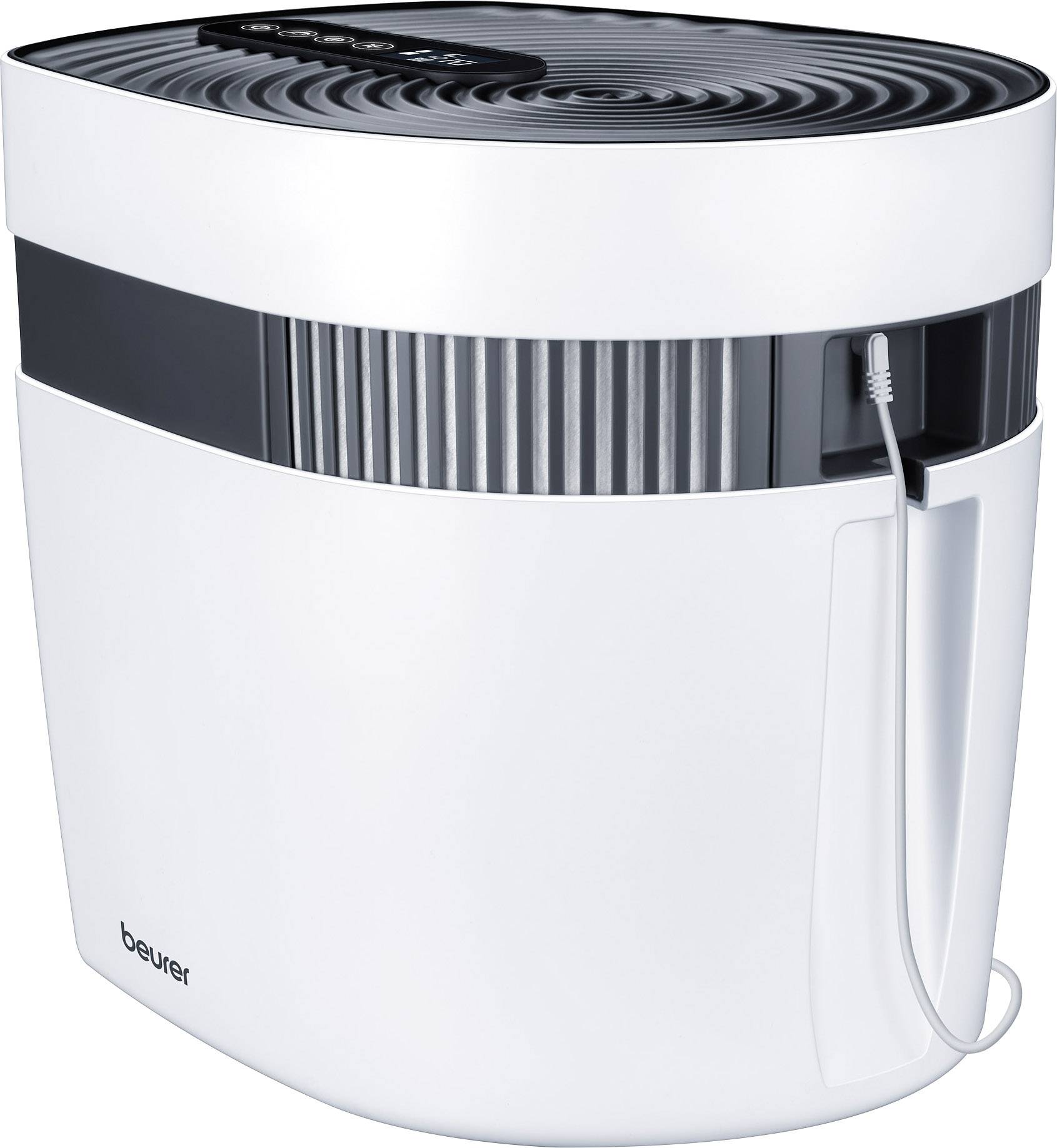 Purificateur d'air dans un boîtier blanc, avec des fentes de ventilation visibles et un câble sur le côté ; adapté pour la purification de l'air dans des espaces intérieurs fermés.