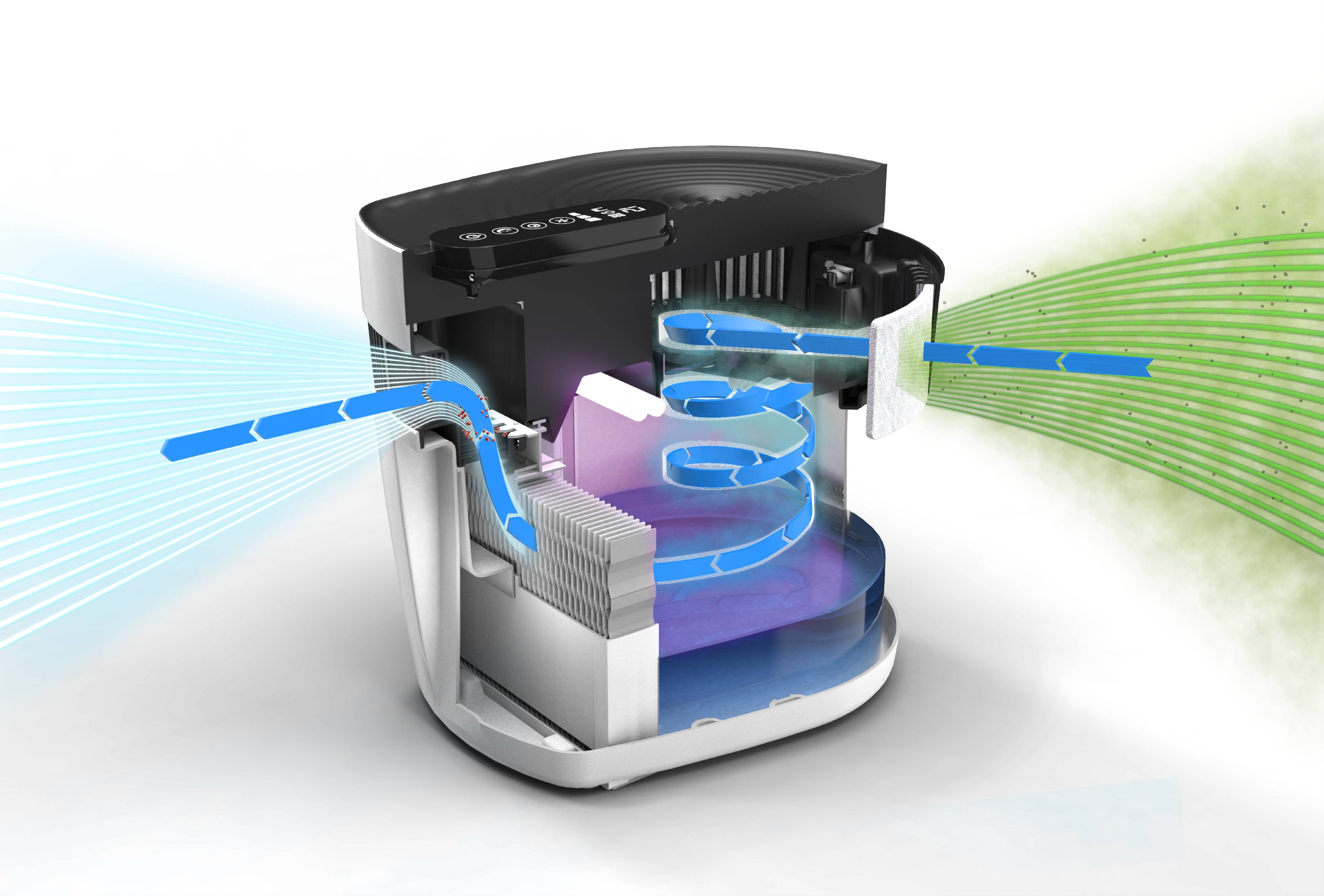 Un purificateur d'air montre le flux d'air qui aspire l'air pollué, le fait passer à travers des filtres et rejette de l'air propre.