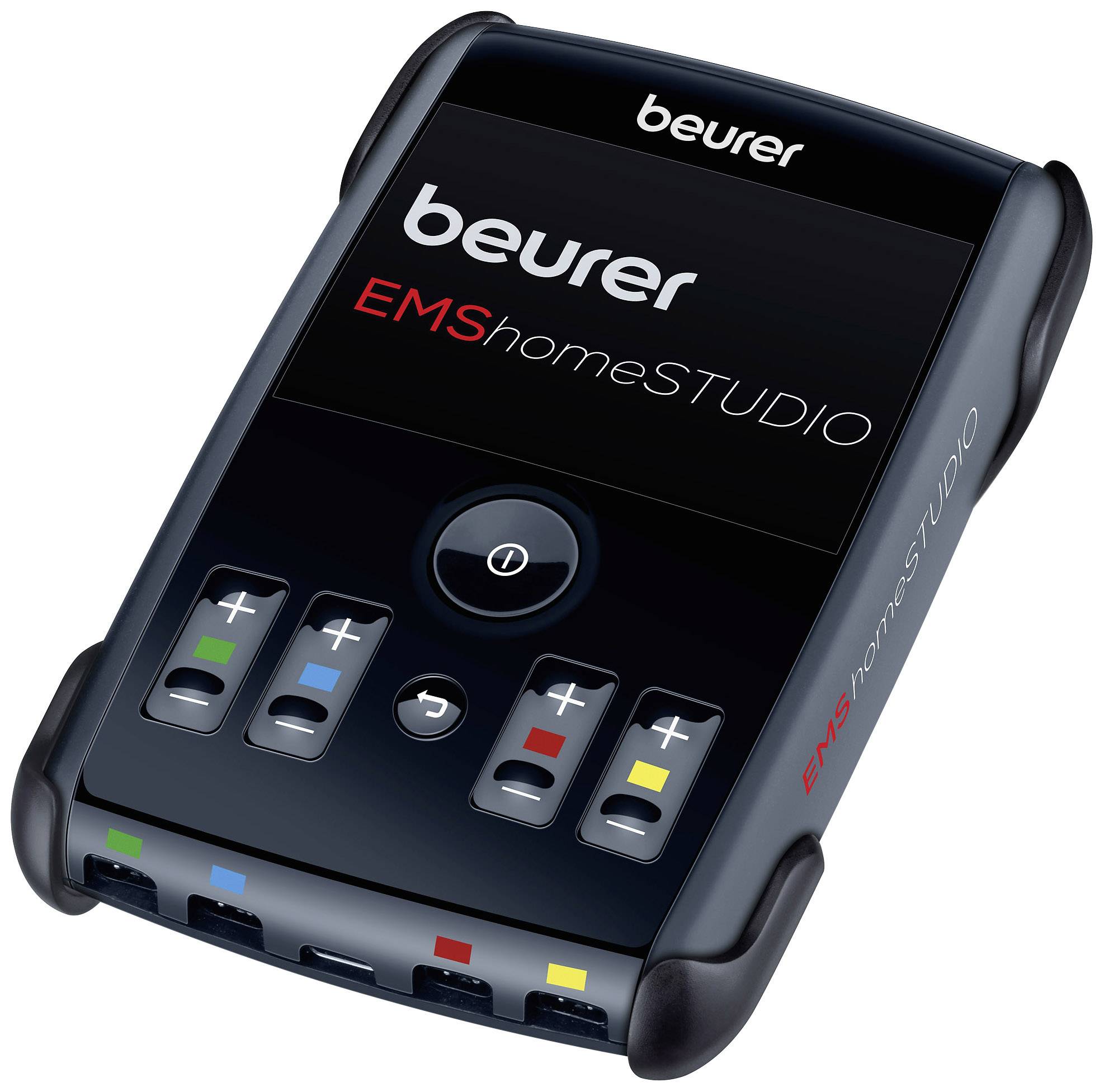 'Appareil Beurer EMS Home Studio pour stimulation musculaire électrique, avec connexions codées par couleur, boutons de contrôle et affichage LCD.'