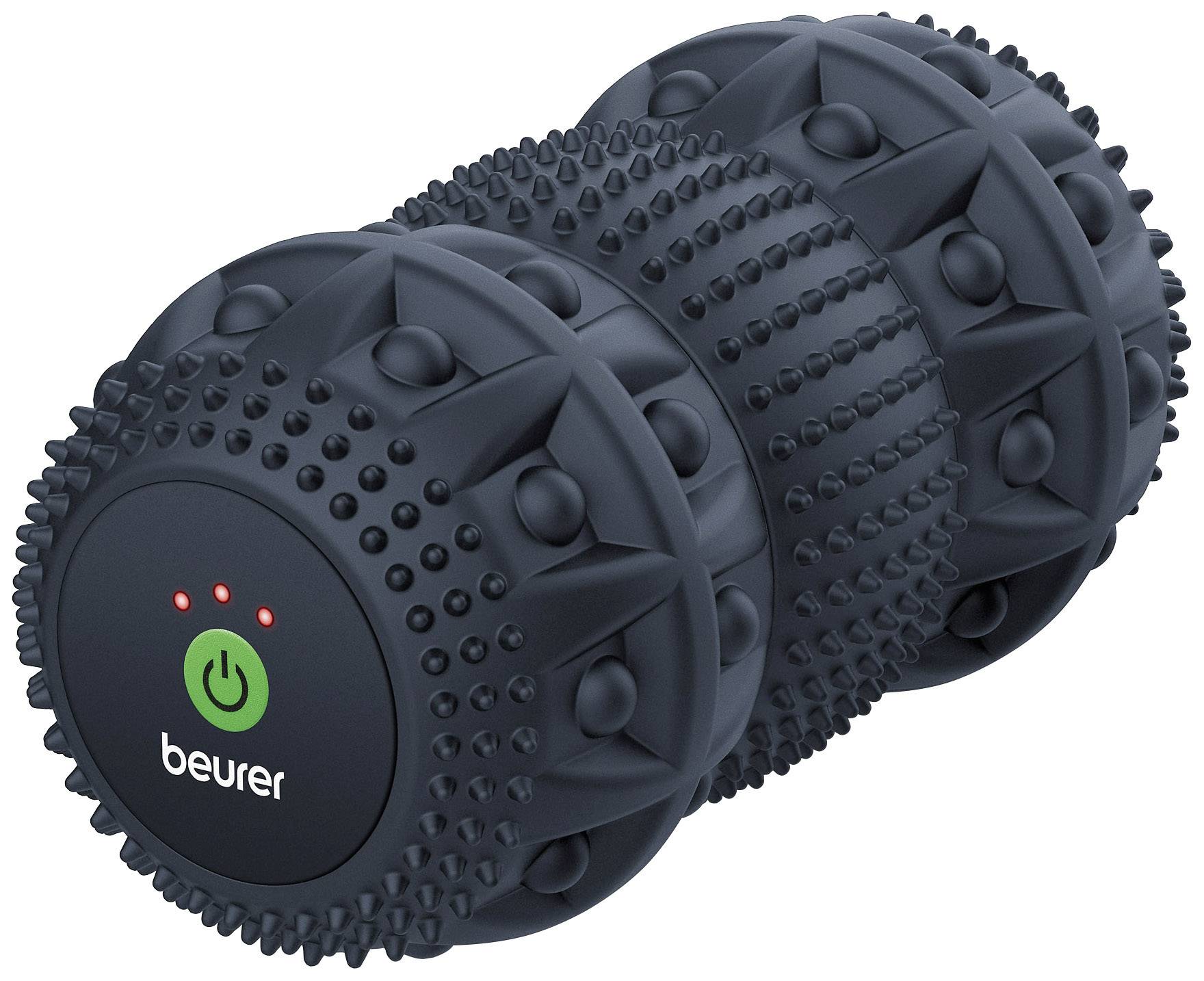 Rouleau de massage musculaire vibrant, bleu avec surfaces texturées ; s'illumine en rouge sur le côté. Marque 'Beurer'.