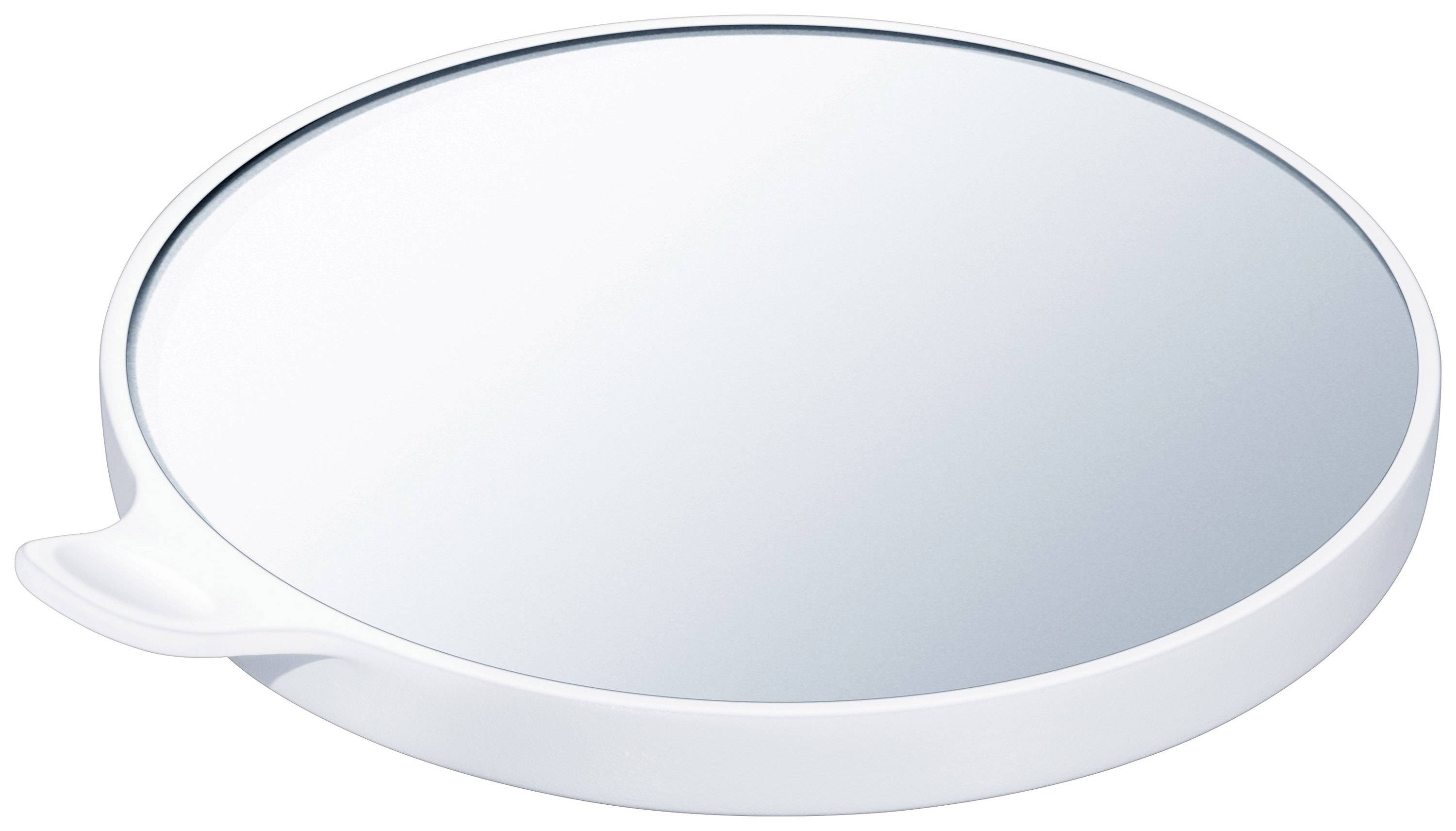 Miroir rond, blanc, avec une petite poignée sur le côté, posé sur une surface plane.