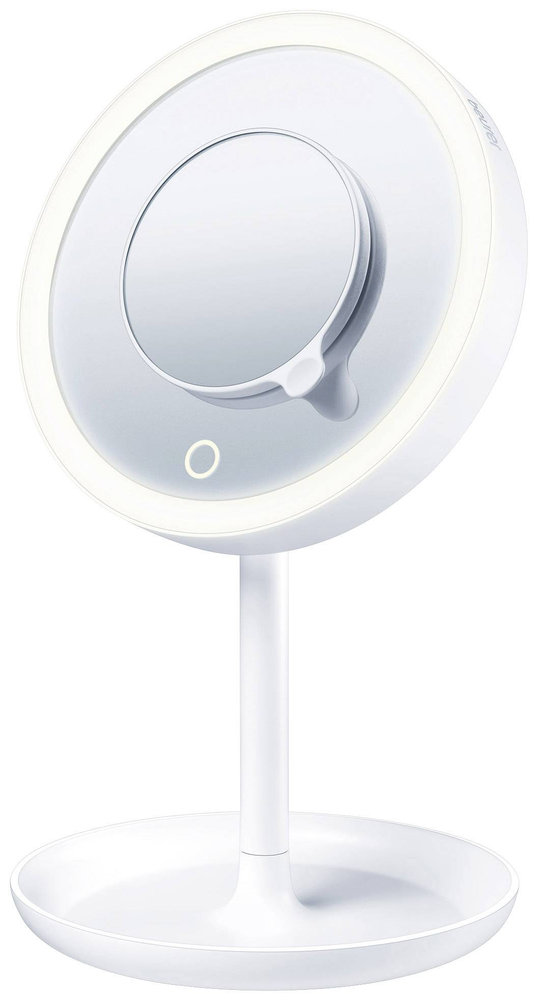 Un miroir de maquillage rond avec éclairage et grossissement, posé sur un socle blanc. Idéal pour des applications de maquillage précises.
