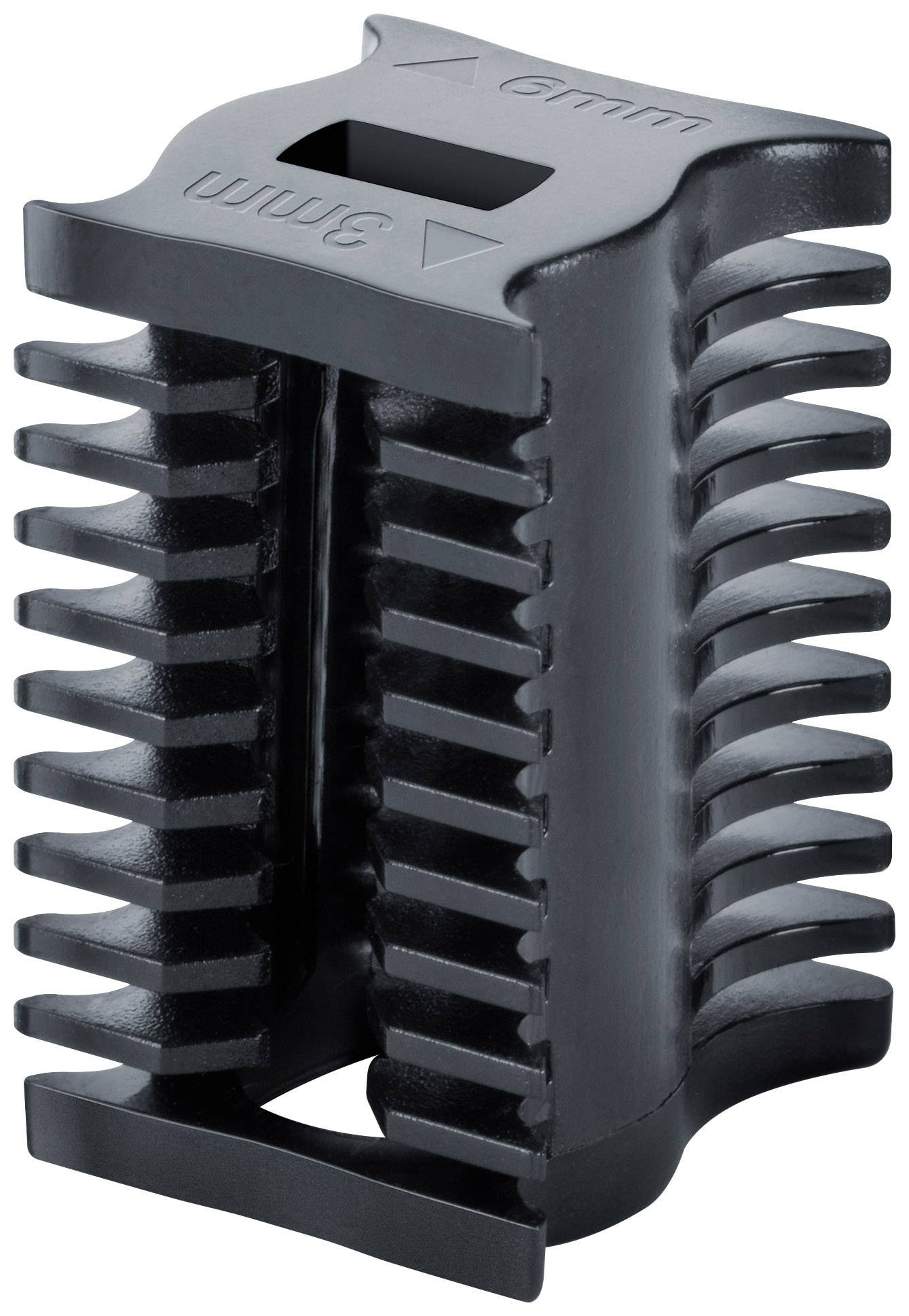 Un entretoise en plastique noir au design nervuré, marqué '6 mm' et '3 mm' sur le dessus.