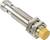 Capteur de proximité cylindrique en métal avec capuchon jaune et filetage pour fixation.