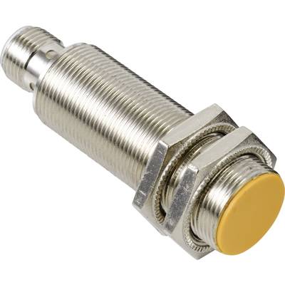 Capteur inductif cylindrique en argent avec pointe jaune, conçu pour détecter des objets métalliques, montrant une vis métallique rainurée.