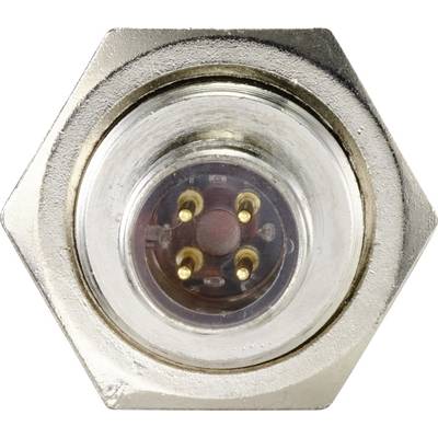 Connecteur électrique à six pôles dans un boîtier métallique hexagonal, vue de dessus des contacts.