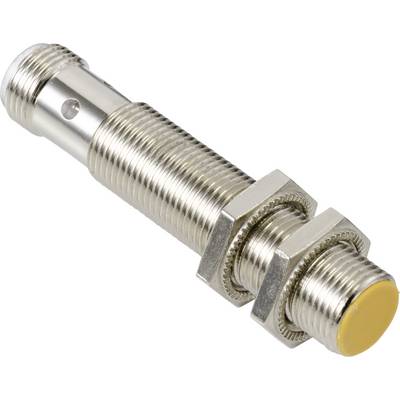 Un capteur de mesure cylindrique, métallique, avec filetage à vis et capuchon jaune, utilisé dans des systèmes de commutation sans contact.