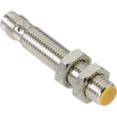'Capteur de proximité cylindrique en métal avec écrous moletés et capuchon jaune, utilisé pour la détection sans contact d'objets.'
