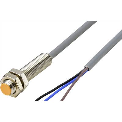 Un capteur de proximité cylindrique métallique avec trois câbles connectés. Utilisé dans des applications industrielles pour la détection d'objets.