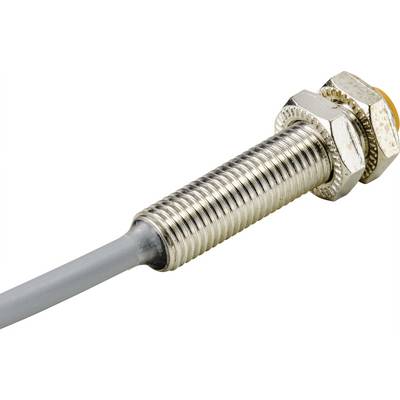 Un capteur cylindrique métallique fileté avec un câble gris, utilisé dans des applications industrielles pour la détection de position ou de présence.