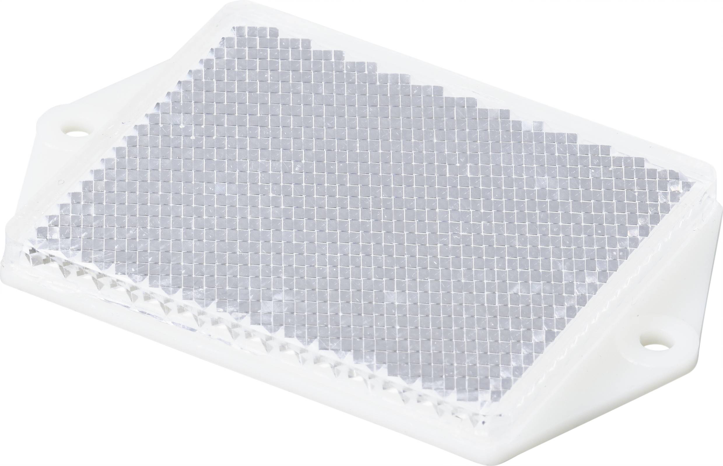 Un dispositif rectangulaire réfléchissant en plastique blanc, souvent utilisé pour la sécurité routière ou les réflecteurs de vélo.