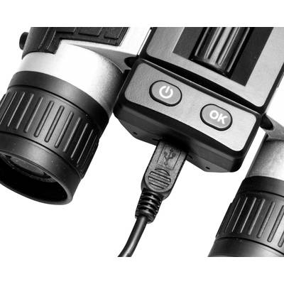 Gros plan d'un appareil électronique avec un port USB, deux objectifs et des boutons de commande portant les symboles 'Power' et 'OK'.