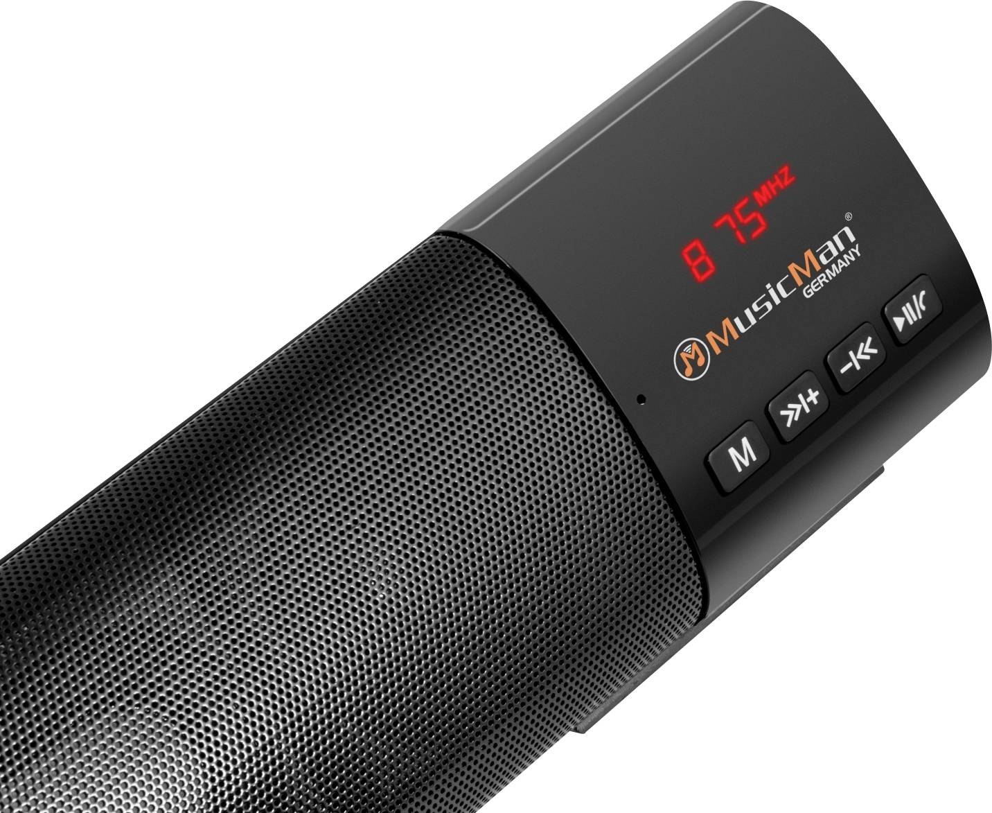 Enceinte portable avec affichage numérique indiquant '87,5 MHz'. Touches de volume, lecture et sélection de station visibles.