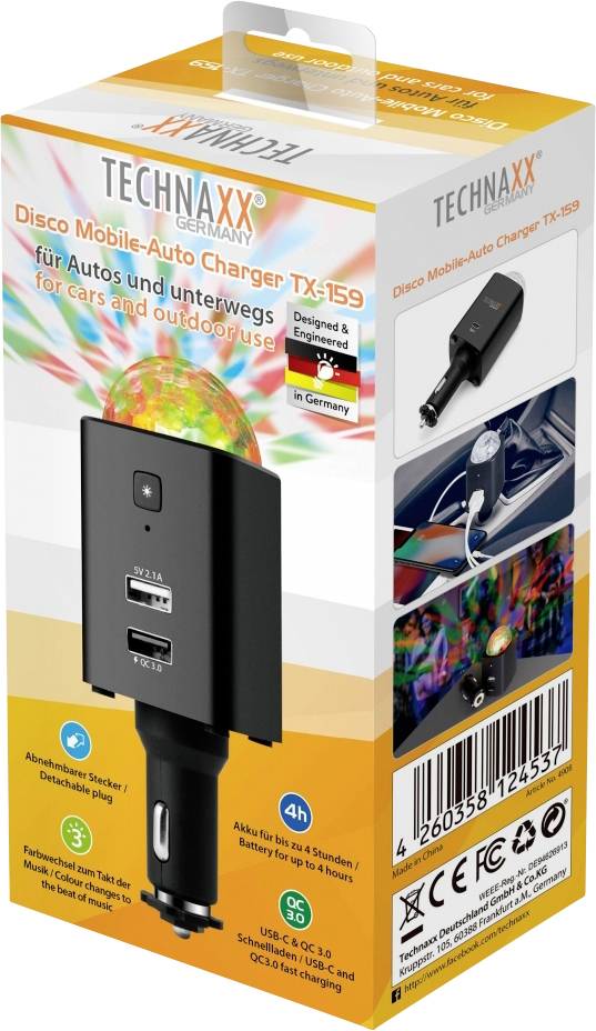 Chargeur de voiture mobile Technaxx Disco TX-159, pour voitures et déplacements. Fonctions : musique en rythme avec les lumières LED, 2 ports USB, autonomie de batterie de 4 heures.