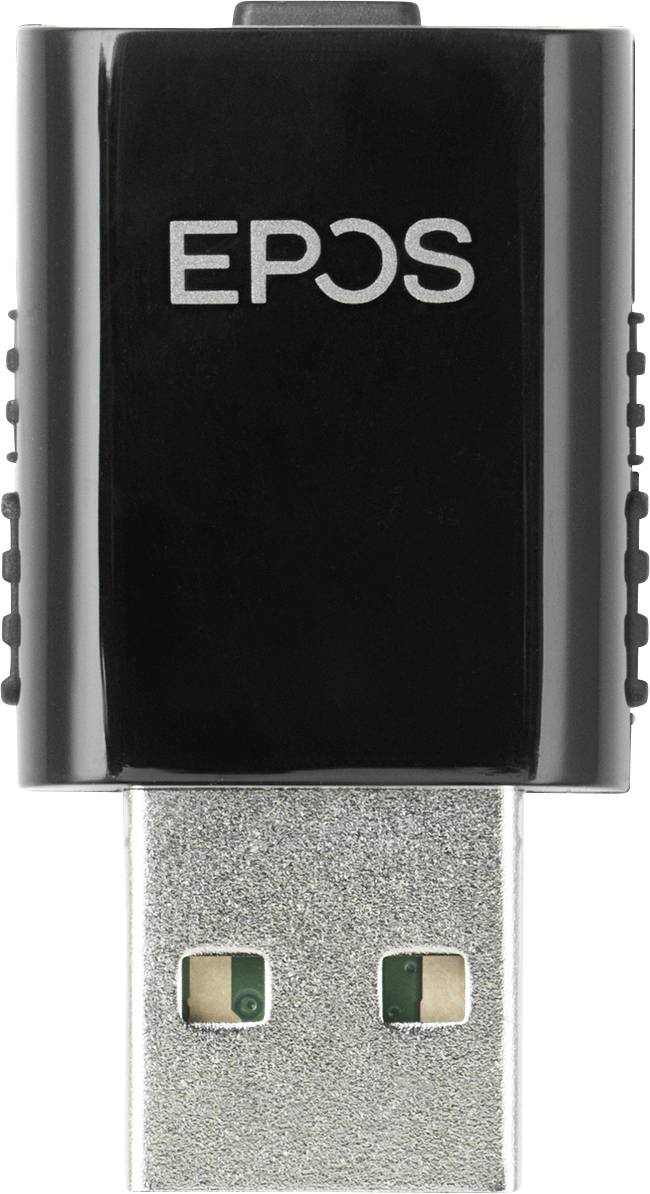 Dongle USB portant l'inscription 'EPOS', boîtier noir, connecteur USB argenté, utilisé pour établir une connexion sans fil entre des appareils.