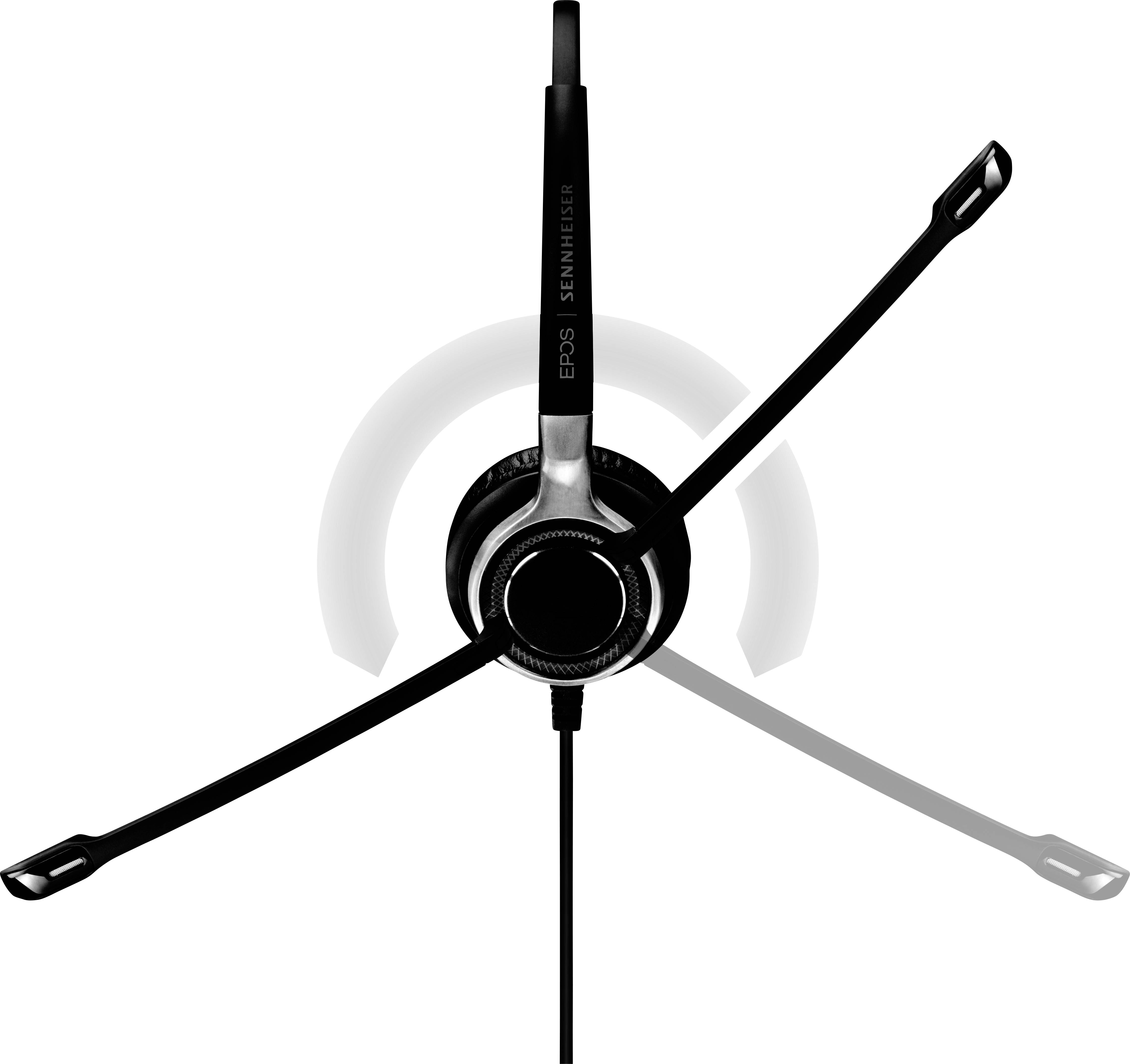 Écouteurs vus de dessus, noirs avec une fine perche de microphone, design moderne, adaptés à un usage bureautique ou gaming.