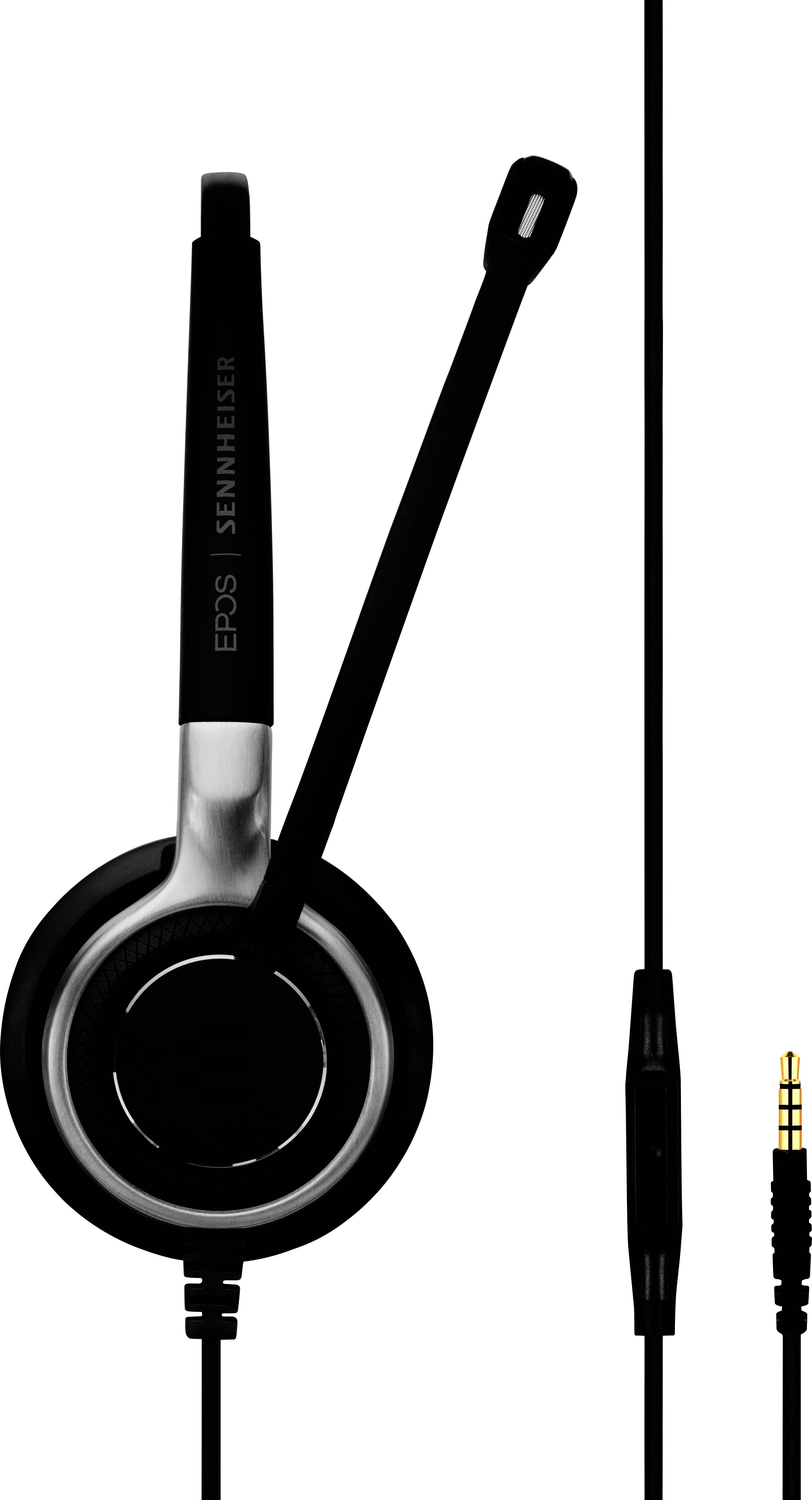 Un casque noir avec microphone et câble, adapté aux téléconférences et aux applications multimédias. Nom de marque sur le côté.