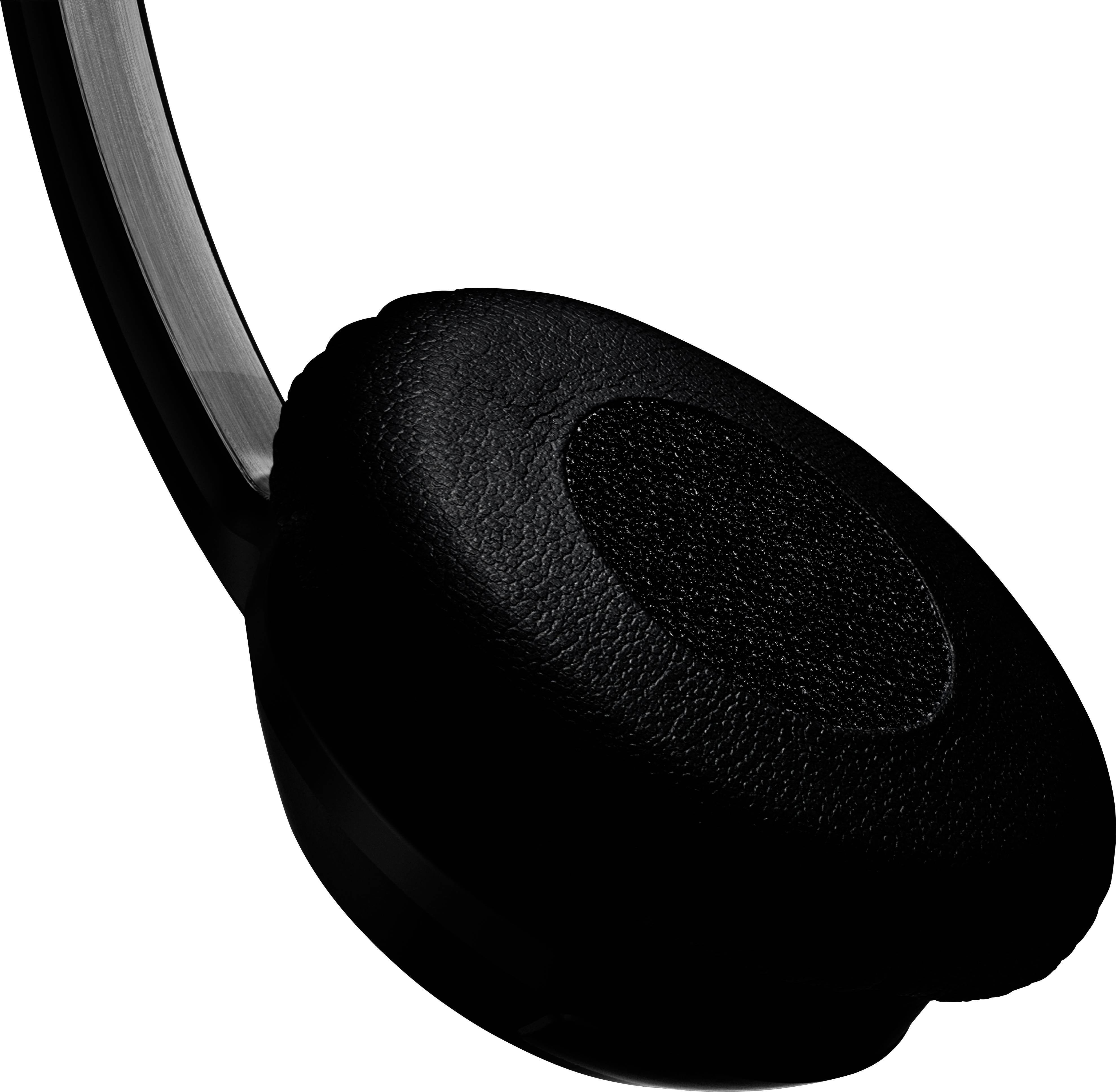 Un casque noir, rond, avec coussinets d'oreille rembourrés et arceau en imitation cuir, isolé sur fond blanc.