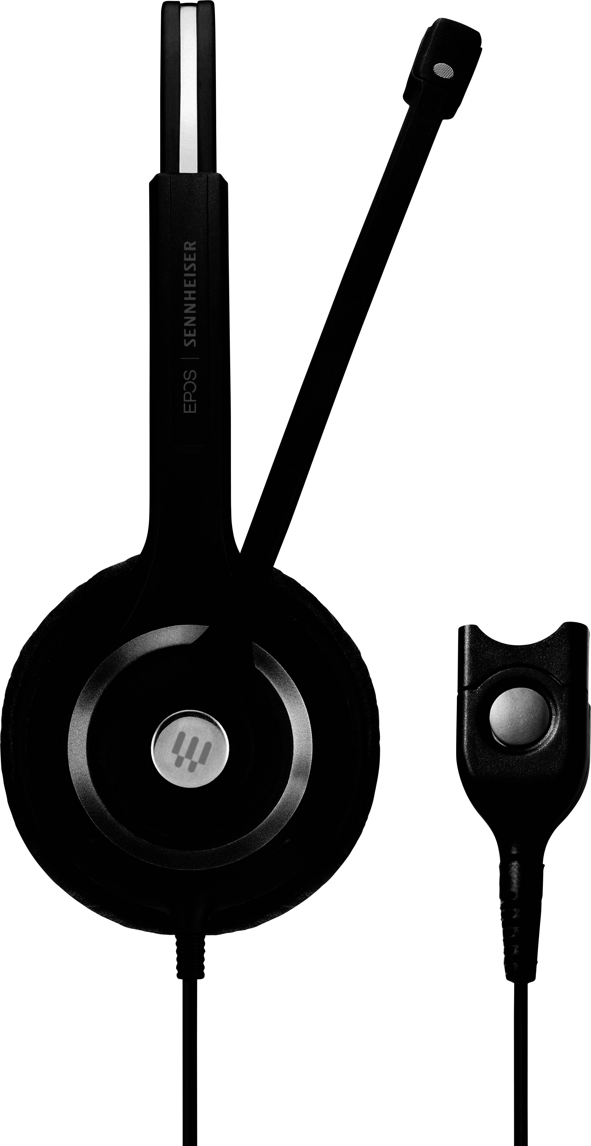 Casque noir avec microphone et câble, adapté pour les appels téléphoniques ou les visioconférences ; design ergonomique pour un confort optimal.