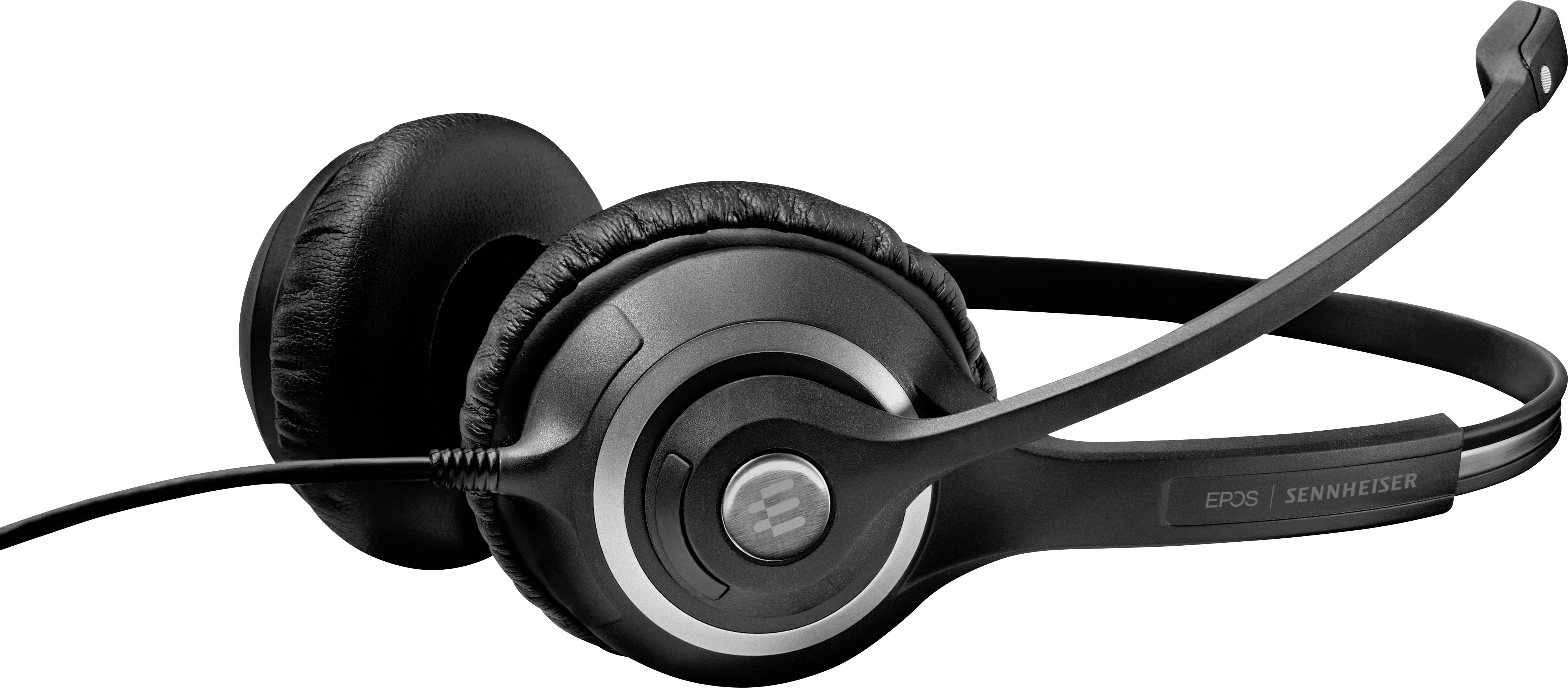Casque Sennheiser noir avec microphone, idéal pour les téléconférences et une communication audio claire.