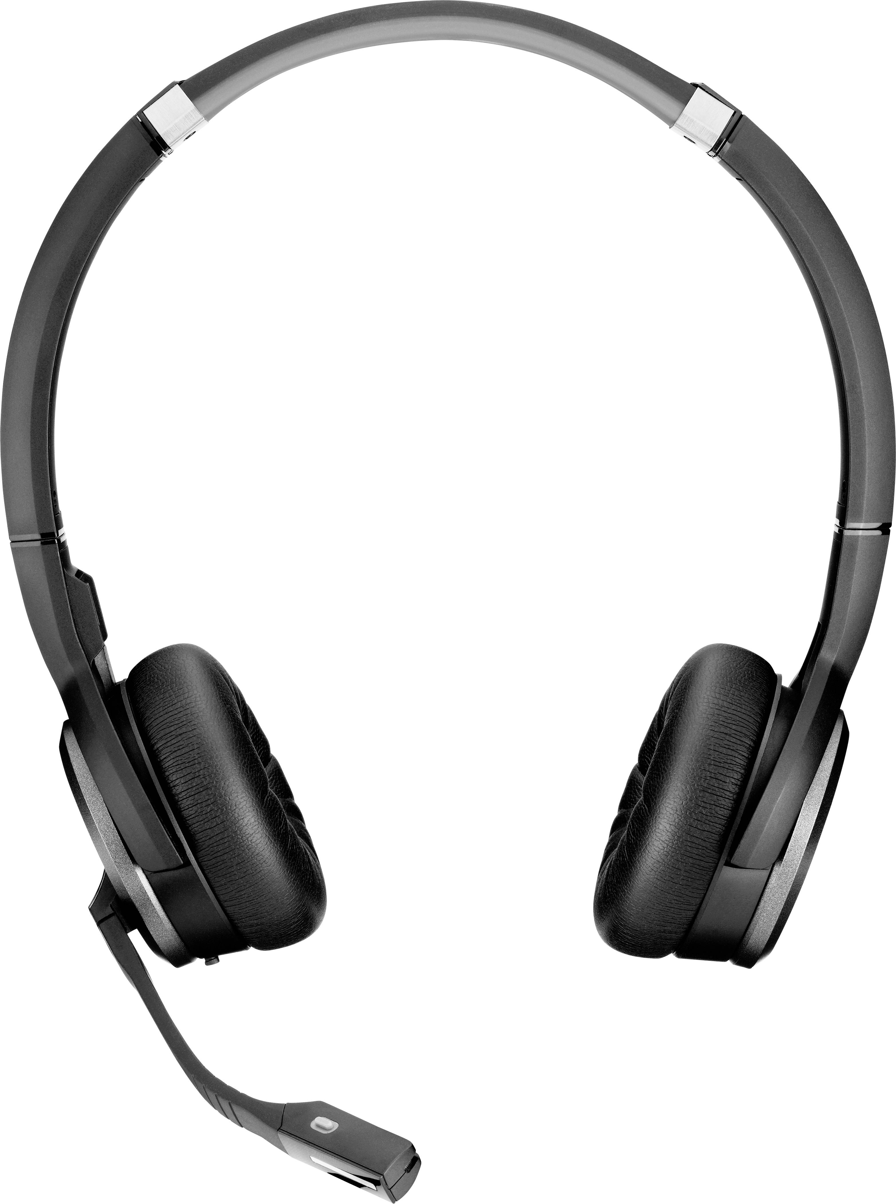 Un casque noir avec un microphone articulé et des coussinets d'oreille, adapté aux appels et à la musique, sur un fond blanc.