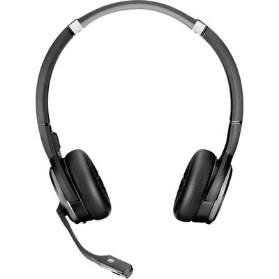 Un casque noir avec un microphone articulé et des coussinets d'oreille, adapté aux appels et à la musique, sur un fond blanc.