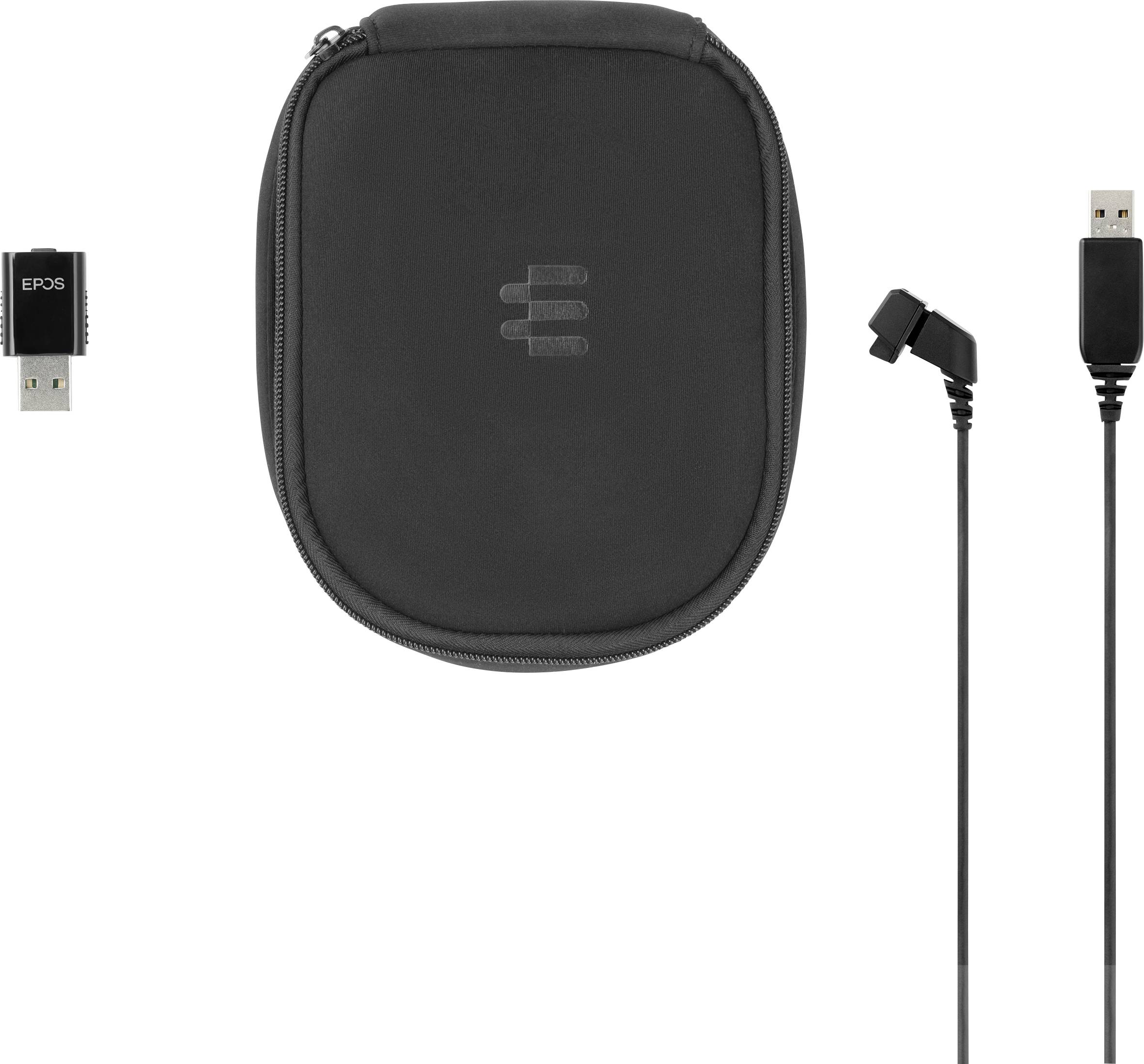 Sac de transport noir à fermeture éclair, à côté d'un dongle USB et d'un câble USB avec deux connecteurs différents.