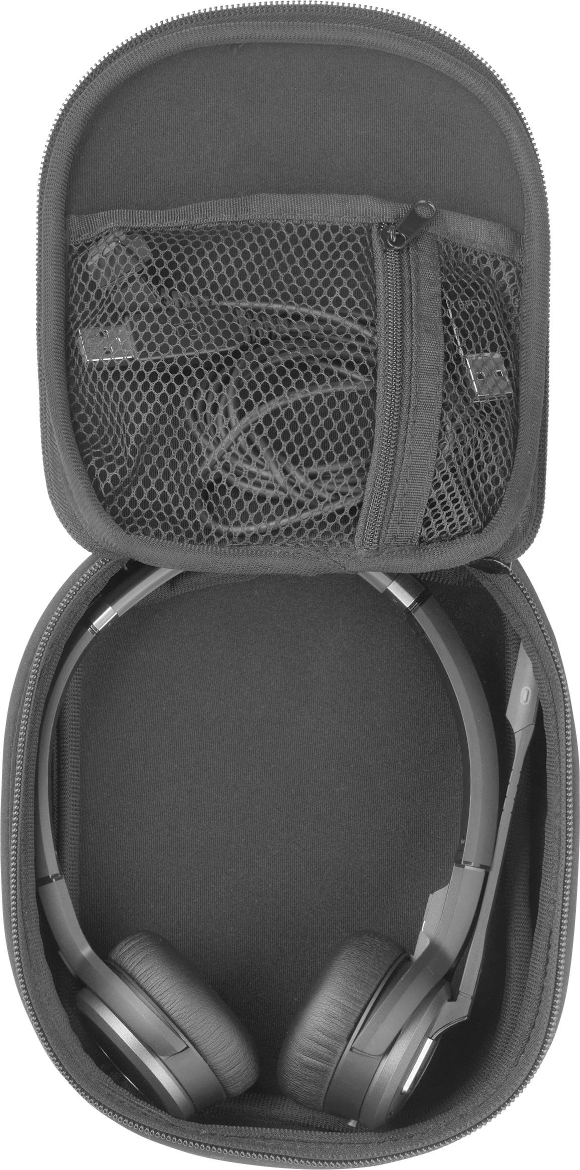 Étui pour écouteurs ouvert montrant les écouteurs dans le compartiment inférieur et le câble dans la pochette supérieure à filet.