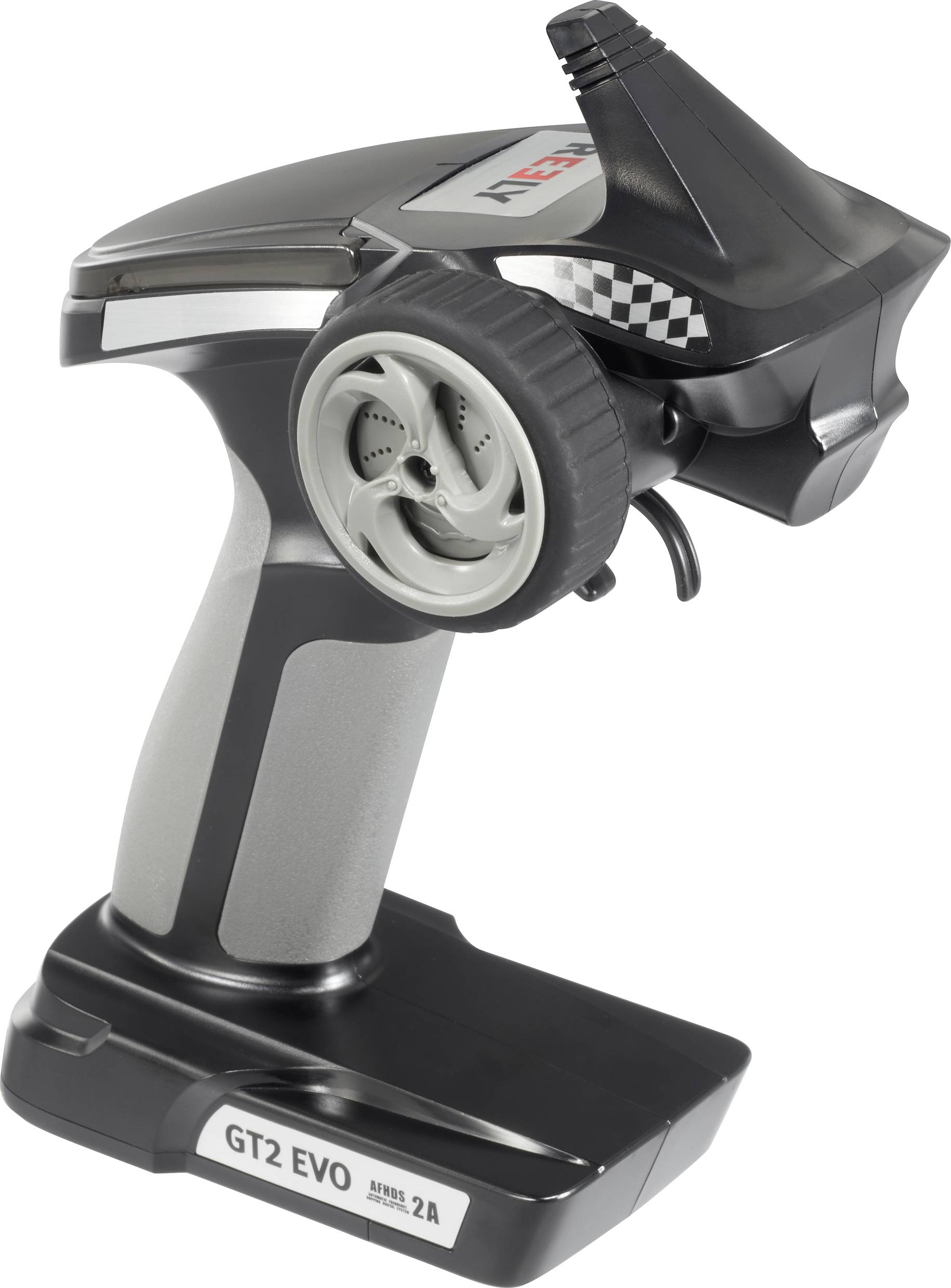Télécommande avec volant et antenne. Inscription sur la base : 'GT2 EVO Series 2A'. Principalement en noir et gris.