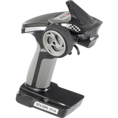 Télécommande avec volant et antenne. Inscription sur la base : 'GT2 EVO Series 2A'. Principalement en noir et gris.