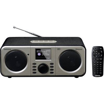 Radio Lenco avec deux haut-parleurs, l'affichage indique 'BBC Radio Music', télécommande à côté à droite.