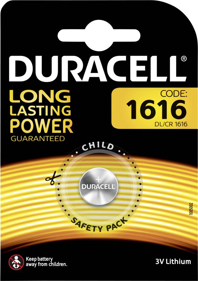 Pile bouton Duracell 1616 en emballage de sécurité enfant. Lithium 3V, performance durable garantie.