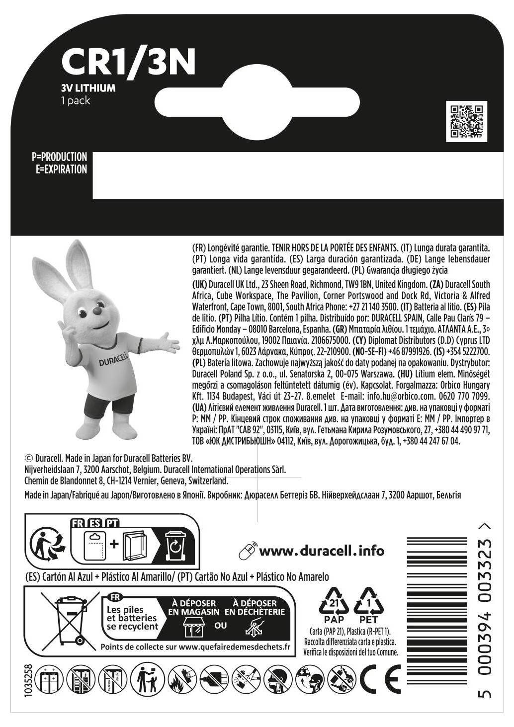 # Emballage de la batterie lithium Duracell CR1/3N présentant les spécifications et les informations multilingues. Comprend l'image de la mascotte Duracell.